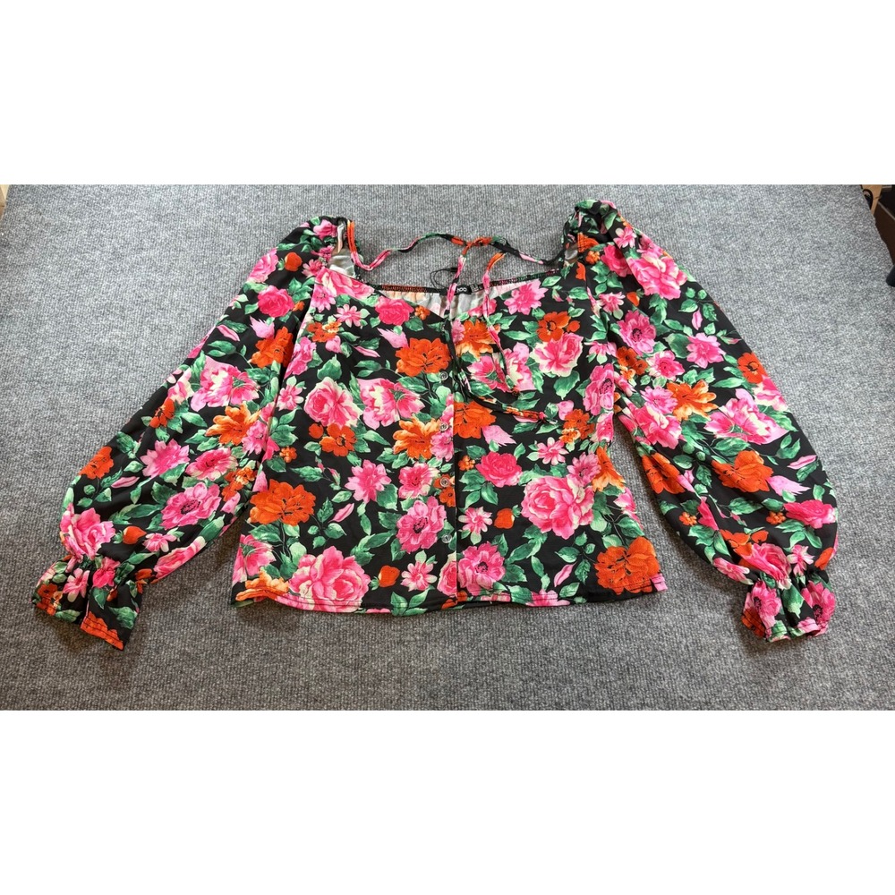 Boohoo Floral Blouse Black Pink Orange Balloon Sleeve Ruffle Cuff Size 12 US
